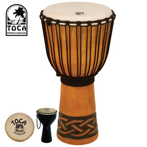Toca TODJ Origins wood Djembe with 12 inch hand selected goatskin head and Celtic Knot finish. Also includes Toca Shaker (#TDS-DPS)