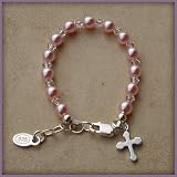 Bella Sterling Silver Girls Bracelet with Pink Czech Pearls and Crystals Accented with Silver Cross