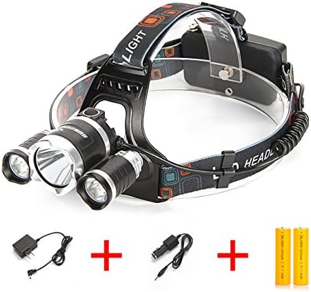 SUNZONE Headlamp with 4 Mode-Hands Free Headlight Flashlight Torch+2 Pcs18650 Rechargeable Batteries+AC Charger+Car Charger for Camping Biking Hunting Fishing Outdoor Sports