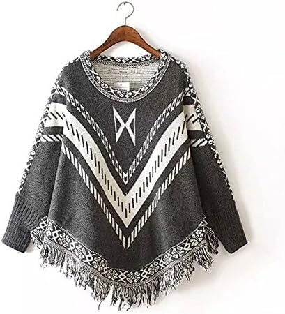 Changde360 Warm Women Autumn Winter Sweater Knitted Batwing Tassel Pullover Sweaters Tops Knitwears Womens Capes and Ponchos Womens Clothings GrayOne Size Soft
