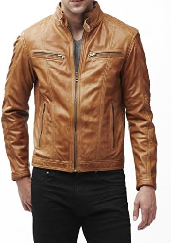 SkinOutfit Men's Stylish Slimfit Lambskin Motorcycle Biker Leather Jacket MJ 77 Tan XL