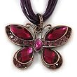 Collier pendentif en fil de coton "Papillon" diamante violet/pourpre fond� en m�tal bronze - longueur 38cm/extension 8cm
