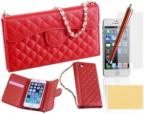 Kingsource (TM) Elegant Lady Handbag Style Wallet Leather Case with Credit Card Slots Suitable For Apple iphone 5 5g 5s Crystal Flower Bling and Hand Strap Luxury Fashion Handbag Metal Chain Style PU Leather Wallet Case for Apple iphone 5 5g 5s with 1 Screen Protector, 1 Stylus and 1 Microfiber Sticker Digital Cleaner (iPhone 5 5s red)