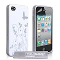 Yousave Accessories TM Designer White And Silver Butterfly Flower Hard Hybrid IMD Case Cover And Screen Protector For The Apple iPhone 4 / 4S Siri