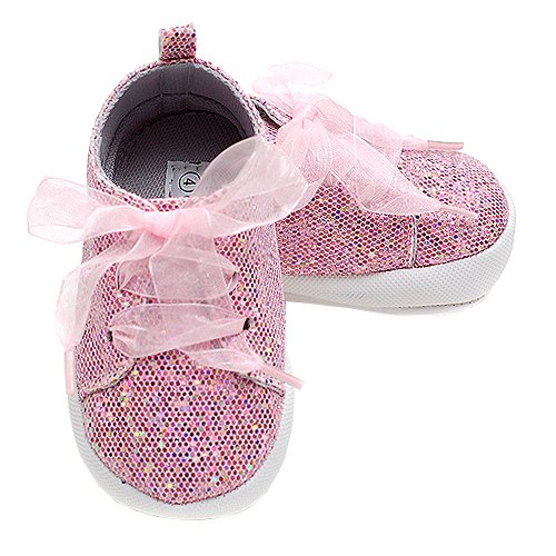 Pink Sparkly Soft Sole Crib Laced Tennis Shoes Infant Girls 1B-4B