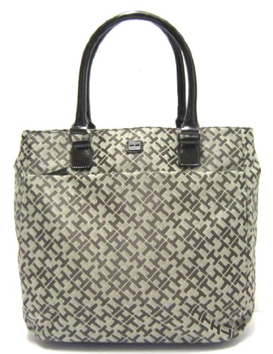 Tommy Hilfiger Large North / South Tote with Patent Leather-like Handles and Trim in Brown (TH PURSES, HANDBAGS, BAGS, TOTES)
