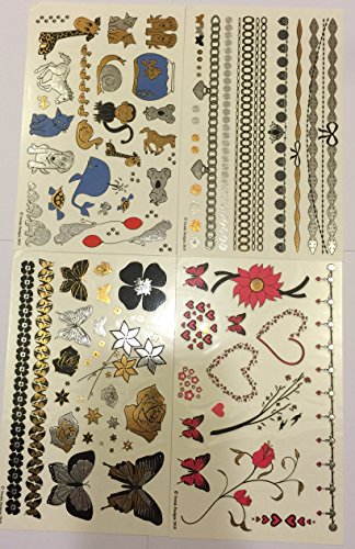 Temporary Tattoos - 4 Pages of Metallic Temporary Tattoos for Kids (Girls) - Black, Silver, Pink, Blue & Gold Tattoo Jewelry, Animals, Butterflies, Bracelets, Flowers, Hearts, & More | Twink Designs