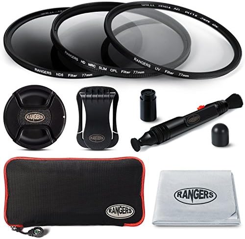 Rangers 3-Piece Filter Kit for 77mm Camera Lens Includes 77mm Filter Kit (UV, CPL, ND8) + Carrying Case + Snap-On Lens Cap w/ Cap Keeper Leash + Cleaning Cloth + Cleaning Pen RA030