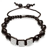 Bracelet Mens Ladies Unisex Hip Hop Style Square Charms White Pave Setting With Black Faceted Bead Adjustable