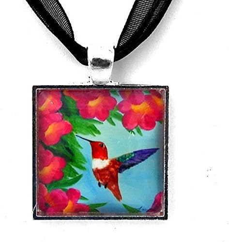 Hummingbird in Pink Flowers Handmade Jewelry Art Pendant
