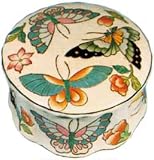 Hand painted round chinese porcelain trinket box with lid - butterfly design