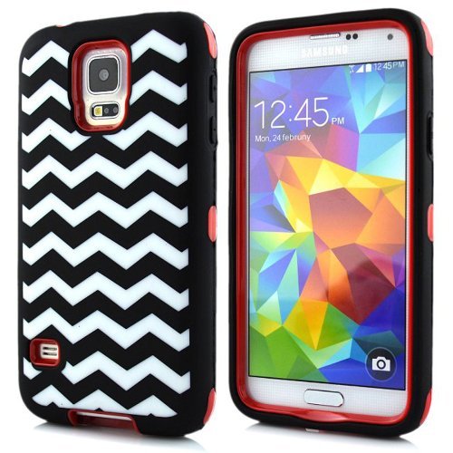 Minnesota Computers S5 Armored Protective Case 3-in-1 Hybrid Cover Works with Galaxy S5 / SV / i9600 2014 (Chevron Red)