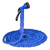 (30日間交換保証) 防水2重アタッチメント & 超厚600D生地 採用 2016 改良版 T-HOSE 3倍に伸びる 2m → 7.5m 伸縮自在 ホース 散水ノズル付き (ブルー)