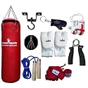 Vinyl Red Punch Bags Set 4 feet with Free Chrome Plated chain, Bag Mitts, Heavy dute Metal Ceiling Hook, Nylon Skipping Rope Blue, Boxing Glove UK Flagged Miniature and novelty, Boxing Gloves Key Chain Black and Red Hand Wraps