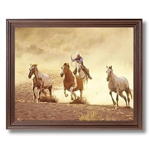 Cowboy Roping On Horse Western Landscape Animal Picture Framed Art Print