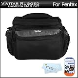 Vivitar Deluxe Rugged Camera Bag / Case For Pentax K-5, K-r, K-x Digital SLR Camera + LCD Screen Protectors + MicroFiber Cleaning Cloth