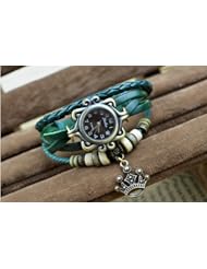 KANO BAK(TM) Fashion Weave Wrap Around Leather Retro Bracelet Woman Girl Man Royal King Crown Wrist Gift Watch Green