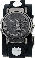 Scorpion Black Leather Wide Band Trendy Design Iron Reversible White Dial Gothic Punk Biker Wristband Watch