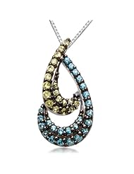 Jewelili Drop Pendant with Round Blue Topaz and Peridot in Sterling Silver, 18"