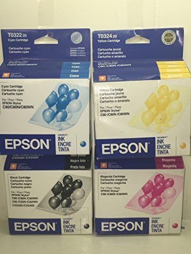 Epson T032120, T032220, T032320, T032420, Black, Cyan, Yellow, Magenta, 4-Pack Ink cartridge Set.