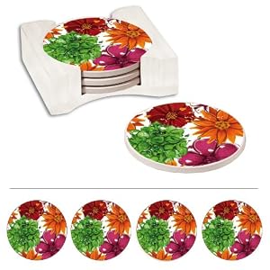 Floral Splash Absorbent Coasters - Set of 4 w/ Caddy