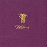 Caspari Box of 50 Aubergine Cocktail Napkins with Welcome and Pineapple Design in Gold Foil