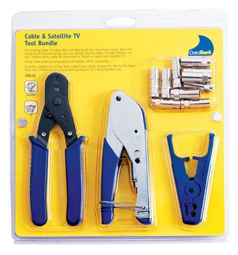 DataShark 70018 Cable TV F Compression Bundle with Cable Cutter, Coax Stripper, Compression Crimper, and 10 RG6/RG6-Quad Cable TV F Connectors