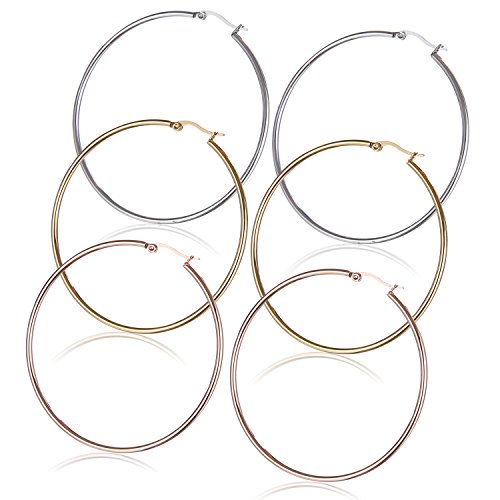 Areke Stainless Steel Large Hoop Earrings For Women,Hypoallergenic Set of 3 Pairs Golden Rose Gold Silver