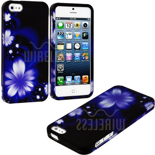 myLife Blue Abstract Flowers and Swirls Series (2 Piece Snap On) Hardshell Plates Case for the iPhone 5/5S (5G) 5th Generation Touch Phone (Clip Fitted Front and Back Solid Cover Case + Rubberized Tough Armor Skin)