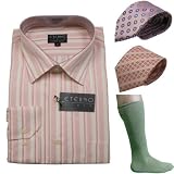 Mens Eterno Italy long sleeve dress shirt, 2 ties and socks set. Neck Size: 18 - Very high quality 4 pieces set featuring a full button up dress shirt with impeccable style and cutting, 2 matching ties and a pair of socks.  Great designer set to wear for work or various formal occasions.
