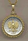 Polish 5 Groszy Eagle with Crown Two Tone Rope Edge Coin Pendant with 18 Chain