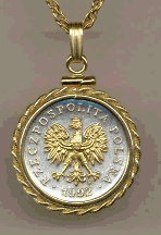 Polish 5 Groszy Eagle with Crown Two Tone Rope Edge Coin Pendant with 18 Chain