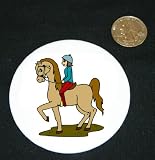 3" button / pin printed with lady, humans, human, body, individuals, people, individual, horse, woman, persons, riding, person