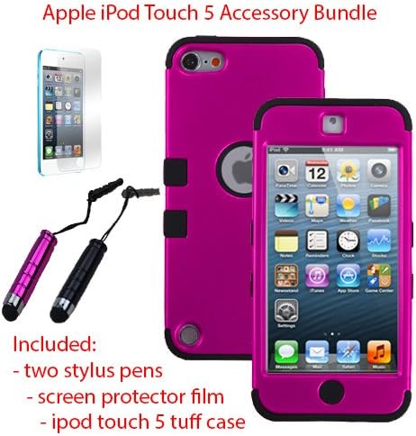 MINITURTLE, Premium Sleek Dual Layer 2 in 1 Hybrid Protective TUFF Case Cover, Two Mini Stylus Pen, and Screen Protector Film for Apple iPod Touch 5 5th Generation (Pink / Black)