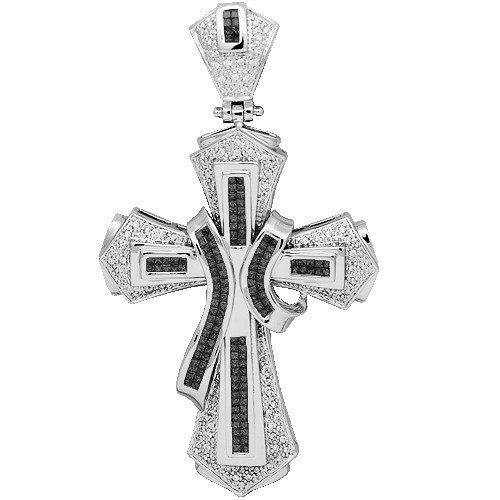 14K White Gold Mens Diamond Cross Pendant with Black Diamonds 3.96 Ctw