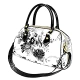 Exquisite Black and White Floral Painting Top Handle Bowler Satchel Handbag Purse Convertible Shoulder Bag