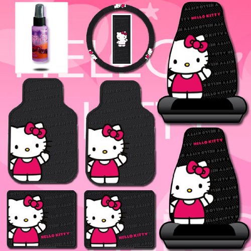 New Design 8 Pieces Hello Kitty Car Seat Cover with 4 Rubber Mats, Steering Wheel Cover and Purple Slice Set