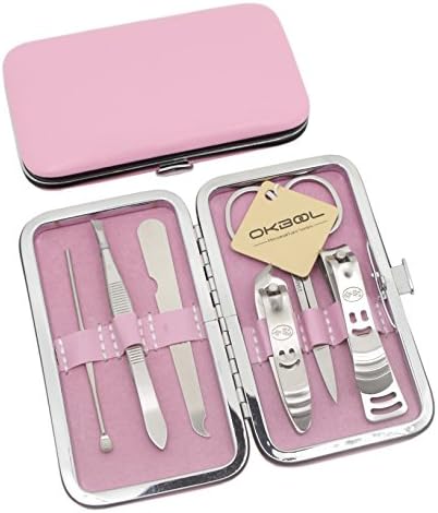 Okbool 6pcs Candy Colors Stainless Steel Manicure Pedicure Set ,Travel &amp; Grooming Set, Personal Care Tools, Nail Scissors Nail Clippers Kit with Leather Case (Pink)