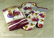 Good Morning Rooster Kitchen Towel Set includes TWO Towels, One Pot Holder and One Oven Mitt