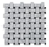 Bianco Carrara White Marble Polished Basketweave Mosaic Tile with Black Dots - Box of 5 sq. ft.