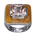 Square Cubic Zirconia Ring with Pavé Border - Yellow/ Amber