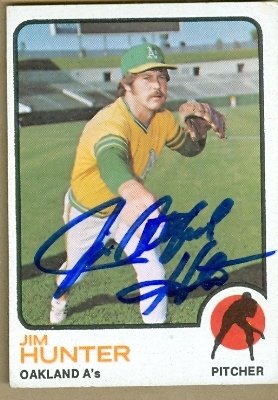 Jim Catfish Hunter Autographed/Hand Signed Baseball Card (Oakland A's) - Jim Hunter 1973 Topps baseb