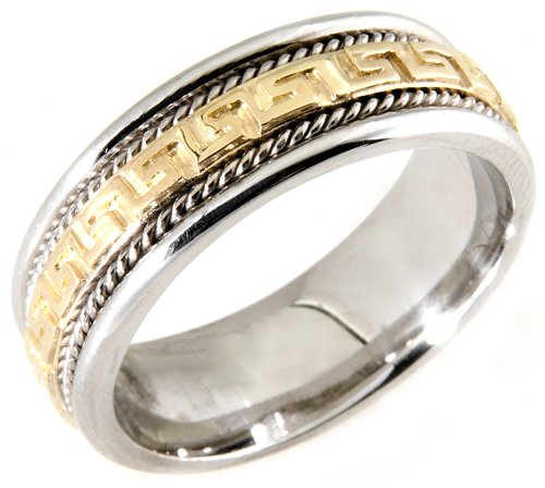 18K. Two-Tone Gold Greek Key Design Comfort Fit Wedding Band Ring