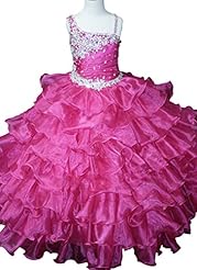 Girls Organza Crystal Sequined Lace Crystals Beaded Floor Length Halter One Shoulder   Ball Gown Pageant Dress 