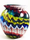 Murano Design Mouth Blown Red & Blue w/ White Zig Zag Ball Glass Vase 2987