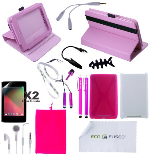 Nexus 7 Accessory Combo / (Pink) 360 Degree Rotating Leather Case / (Hot Pink) TPU Case / (White) Hard Case / 5 (Pink AND Hot Pink) Stylus Pens / Earphones /Screen Protectors / LED Reading Light - ECO-FUSED® Microfiber Cleaning Cloth and Free Lanyard Included - And MORE!