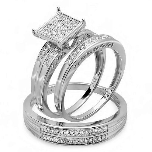 Sterling Silver Round White Diamond Men & Women's Micro Pave Engagement Ring Trio Bridal Set 1/2 CT (0.50 CT, H-I Color, I1-I2 Clarity)