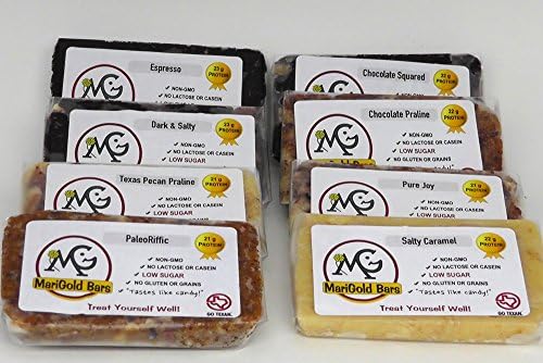 #1 Best MariGold Bars Sampler Pack- 21+gm Protein, Low Sugar, Non GMO, 100% Natural - Amazing Taste - Made Fresh, Ships Fresh. Purest Ingredients (8)