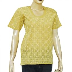 Womens Top Comfort Casual Clothes Cotton Fabric Chikan Style Size XS (ctop335)