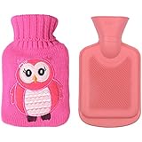 Children's Rubber Hot Water Bottle w/ Cute Knit Cover (500ML, Pink / Pink Owl)
